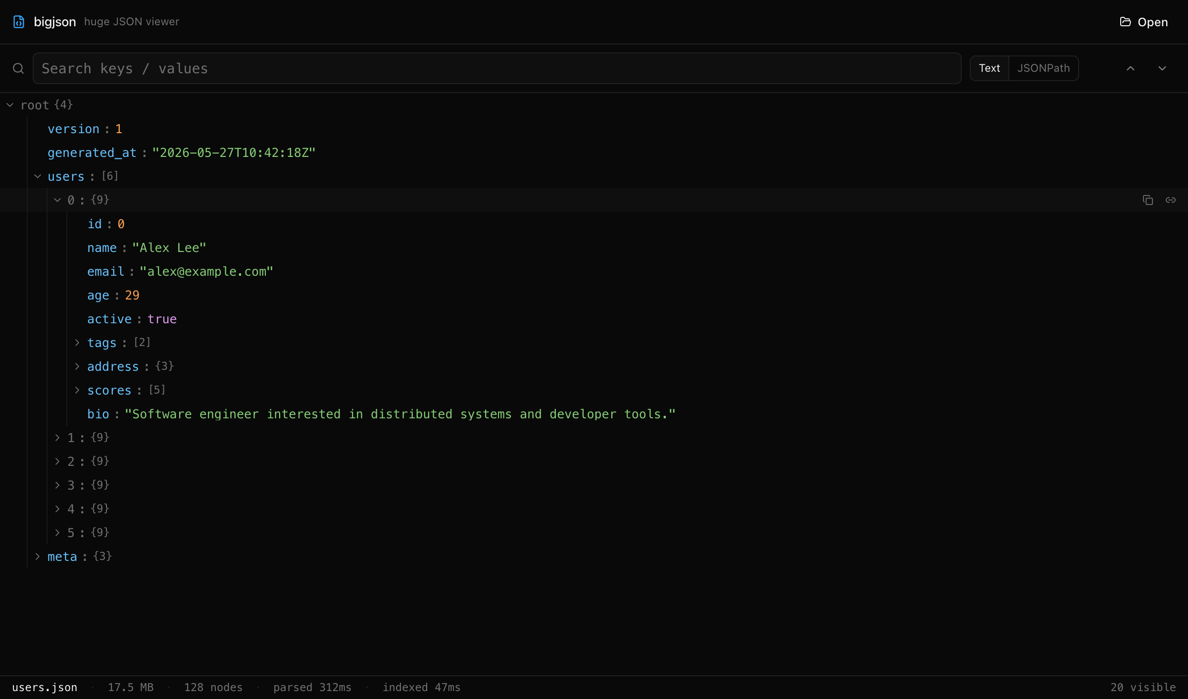 bigJson screenshot desktop viewer for huge JSON files with virtualized tree and JSONPath search